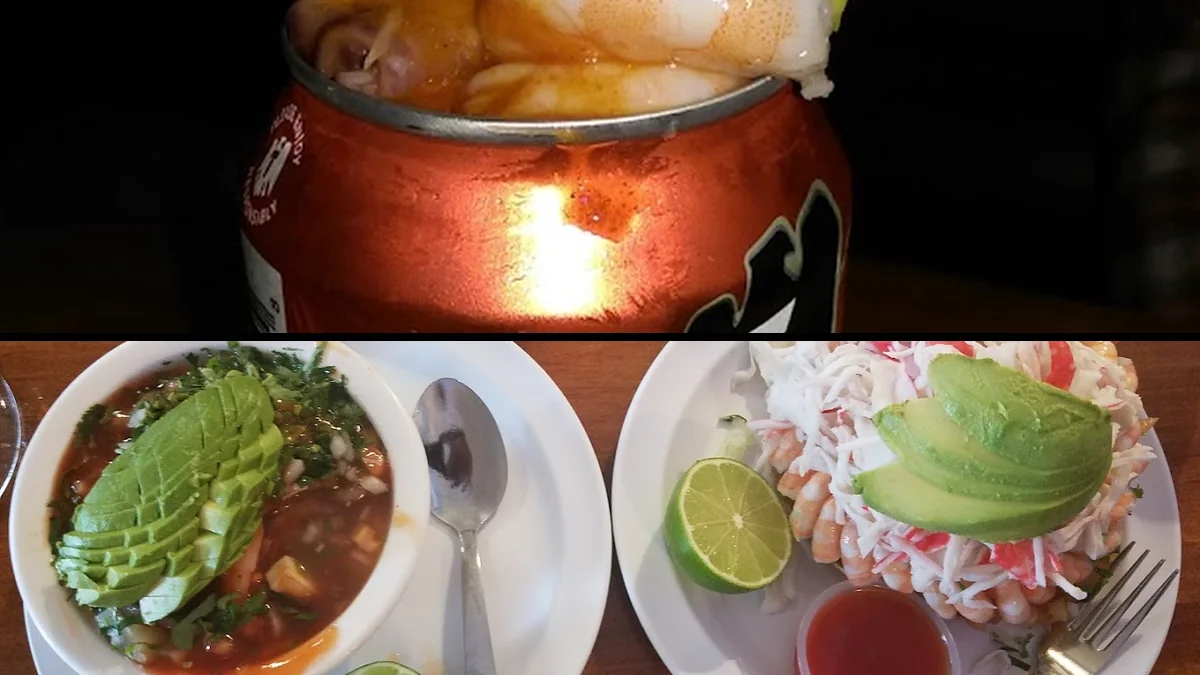 Fresh seafood plates with rice and garnishes.